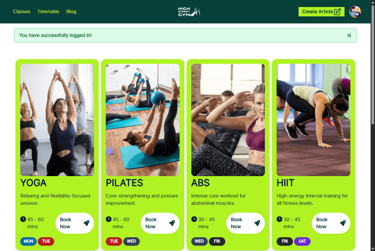 High Street Gym - Home page (list all classes)