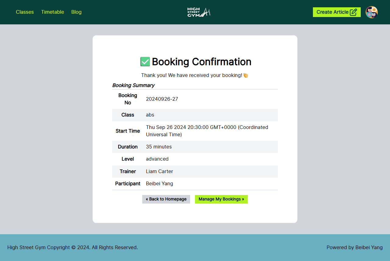 High Street Gym - Booking confirmation page