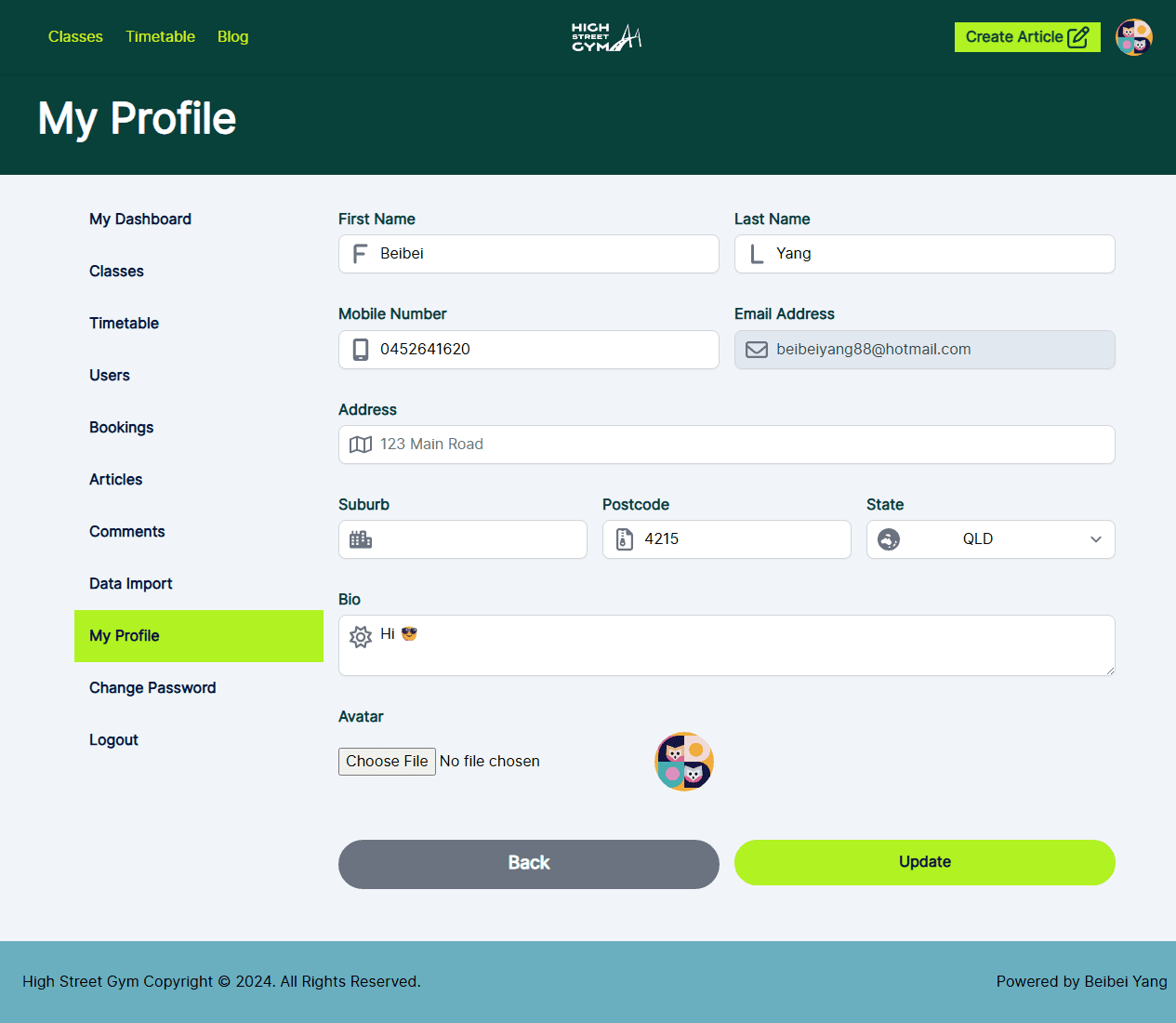 High Street Gym - Account profile update (Admin panel)