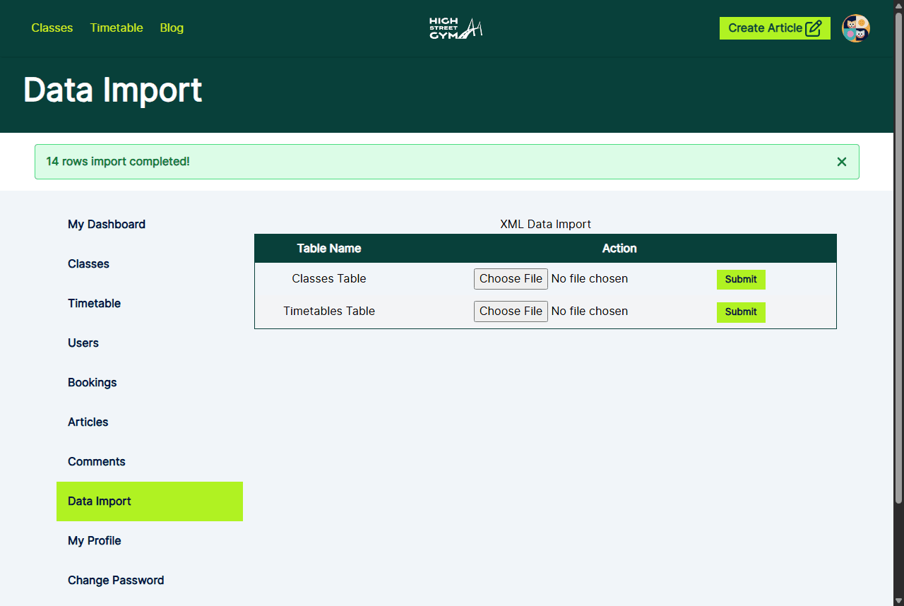 High Street Gym - XML data import (Admin panel)