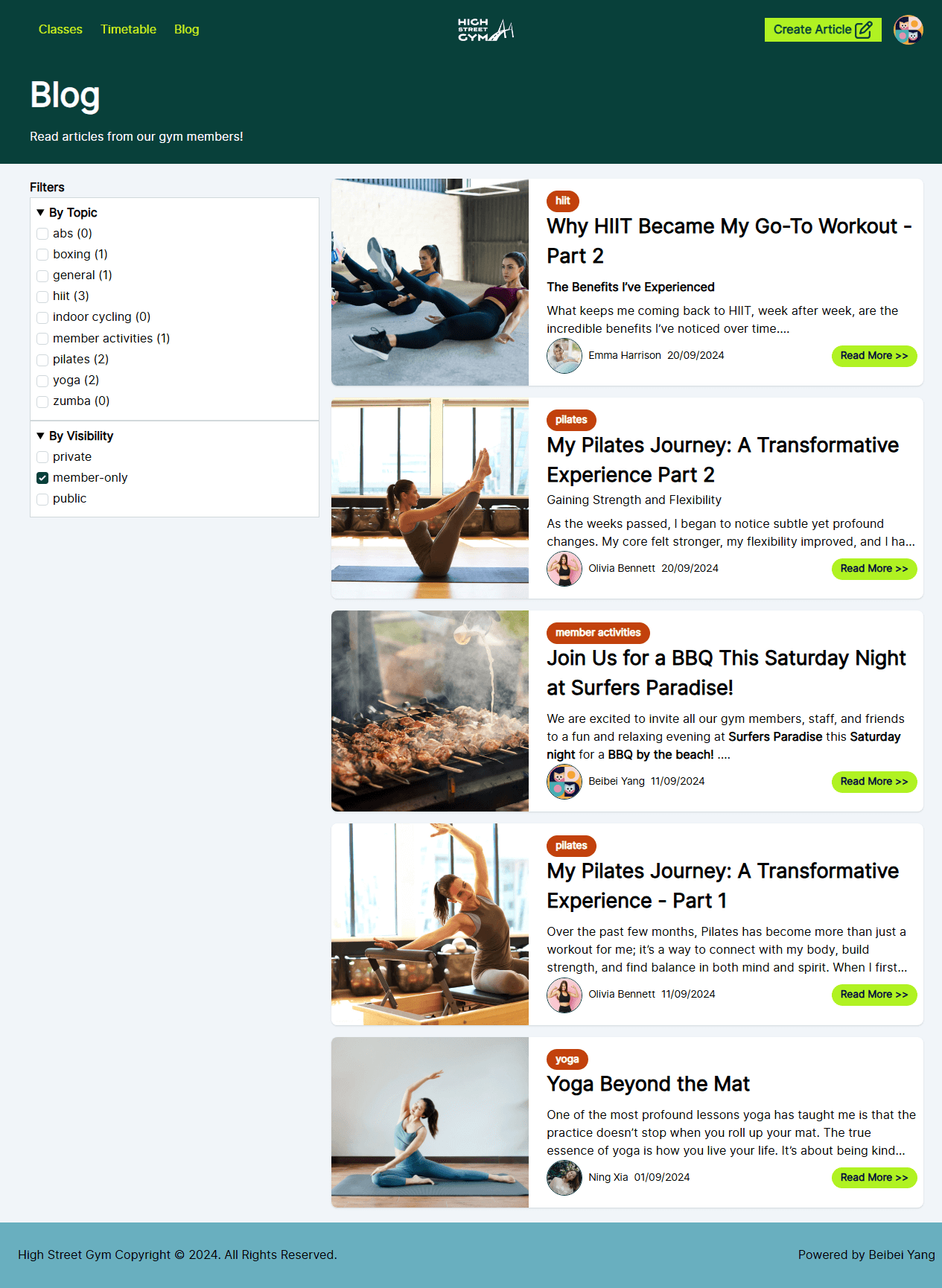 High Street Gym - Blog page with filters