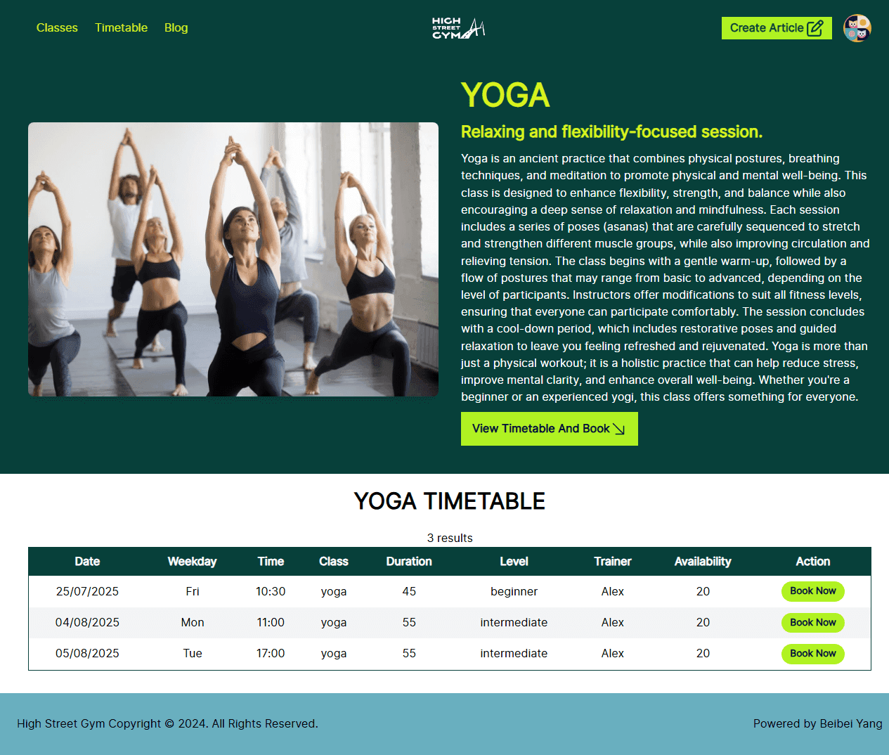 High Street Gym - Class details page