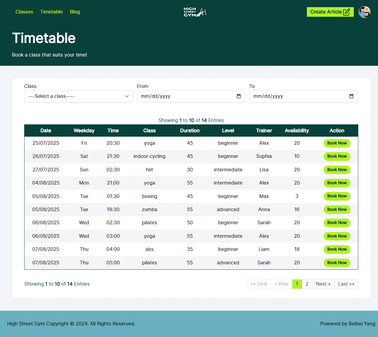 High Street Gym - Timetable page