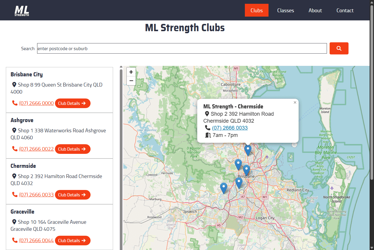 ML Strength - Club list page with search and map