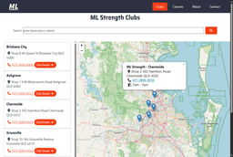 ML Strength - Club list page with search and map