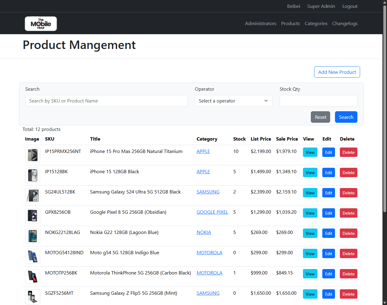 The Mobile Hour - Product management page (admin panel)