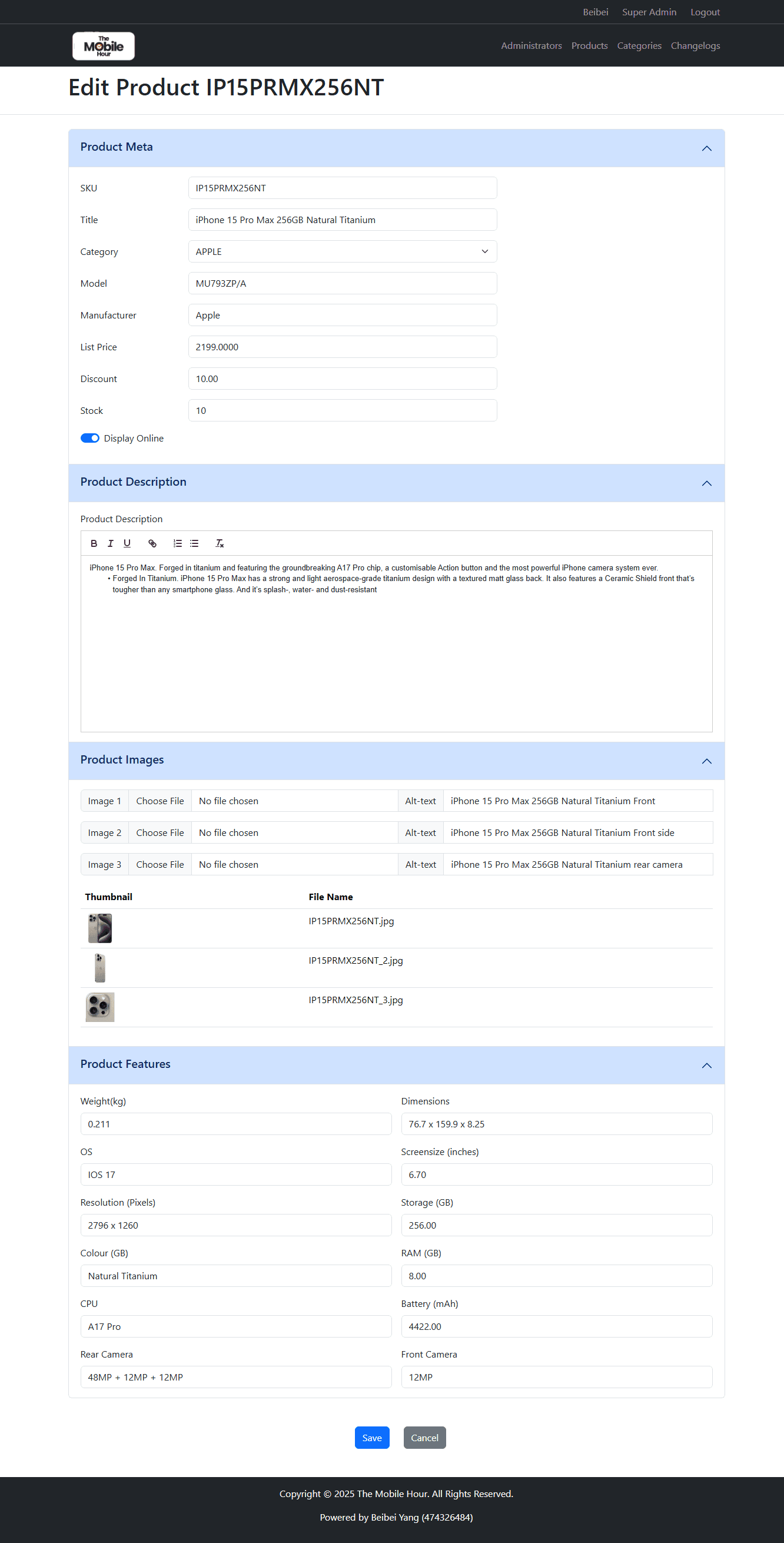 The Mobile Hour - Product details edit page (admin panel)