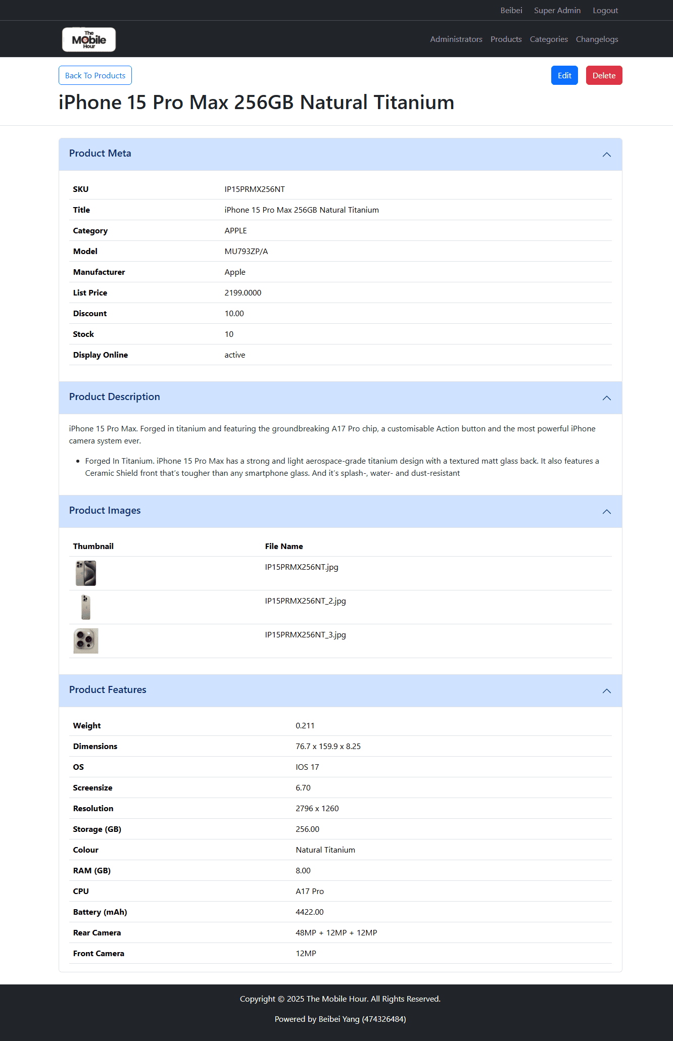 The Mobile Hour - Product details view page (admin panel)
